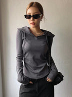 Solid Color Drawstring Hooded Long Sleeve T-Shirt
