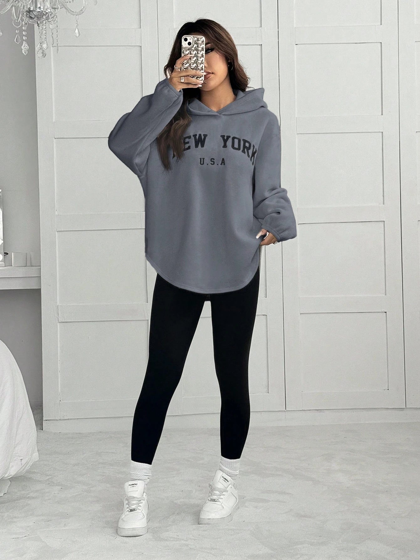 2pcs/Set Women Letter Embroidery Hoodie Sweatshirt And Leggings Outfit
