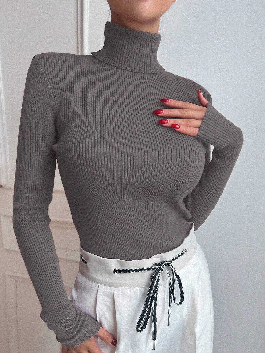 Basic Solid High Neck Long Sleeve Knit Sweater