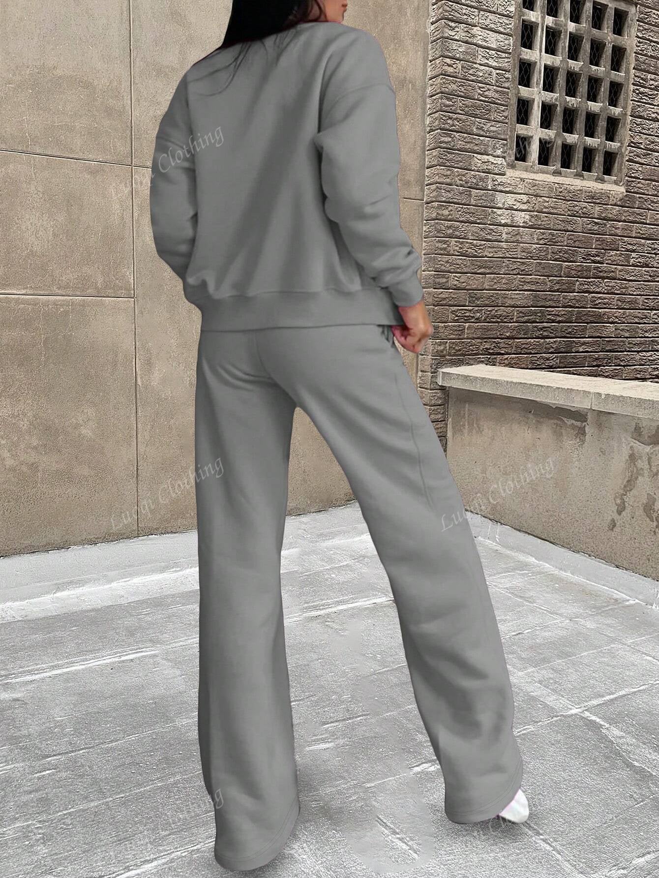Solid Color Minimalist Hoodie Jacket Top And Straight Leg Pants, Fashion Outfit