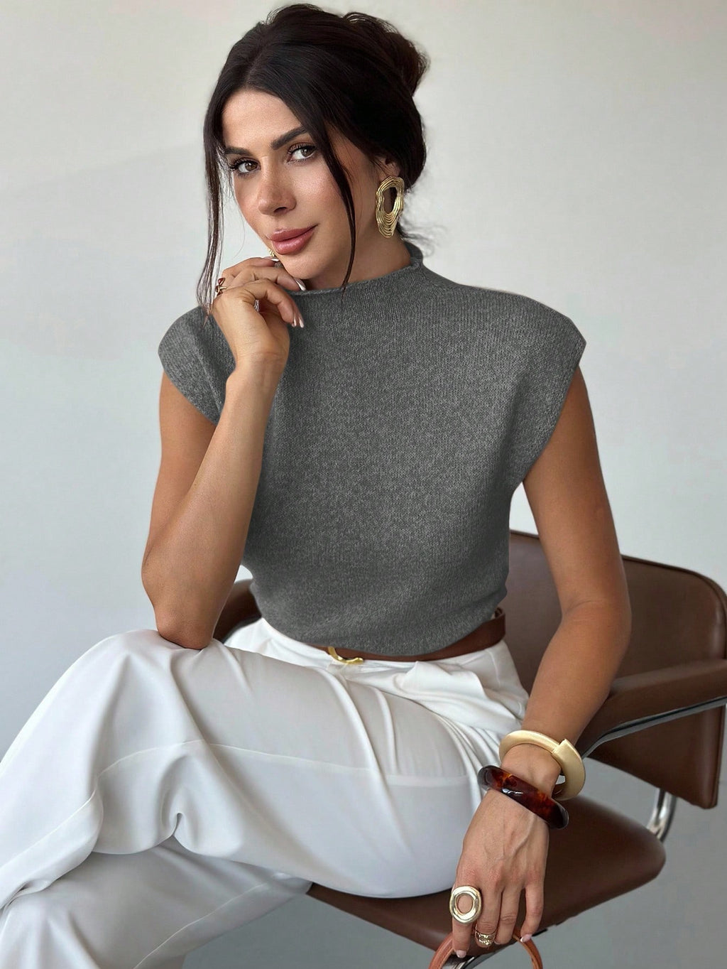 High Neck Loose Casual Versatile Sleeveless Knit Sweater