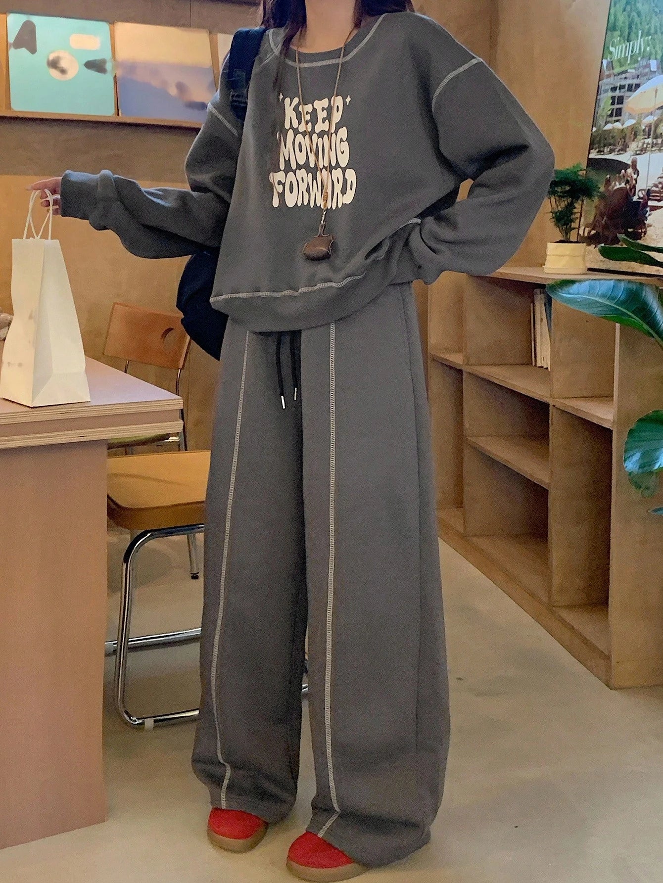Casual Loose Long Sleeve Top And Drawstring Pants Set