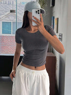 Solid Color Round Neck Short Sleeve Cropped Slim Fit Casual T-Shirt