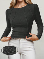 Solid Color Split Half-Length Long-Sleeved Round Neck New Women's Top