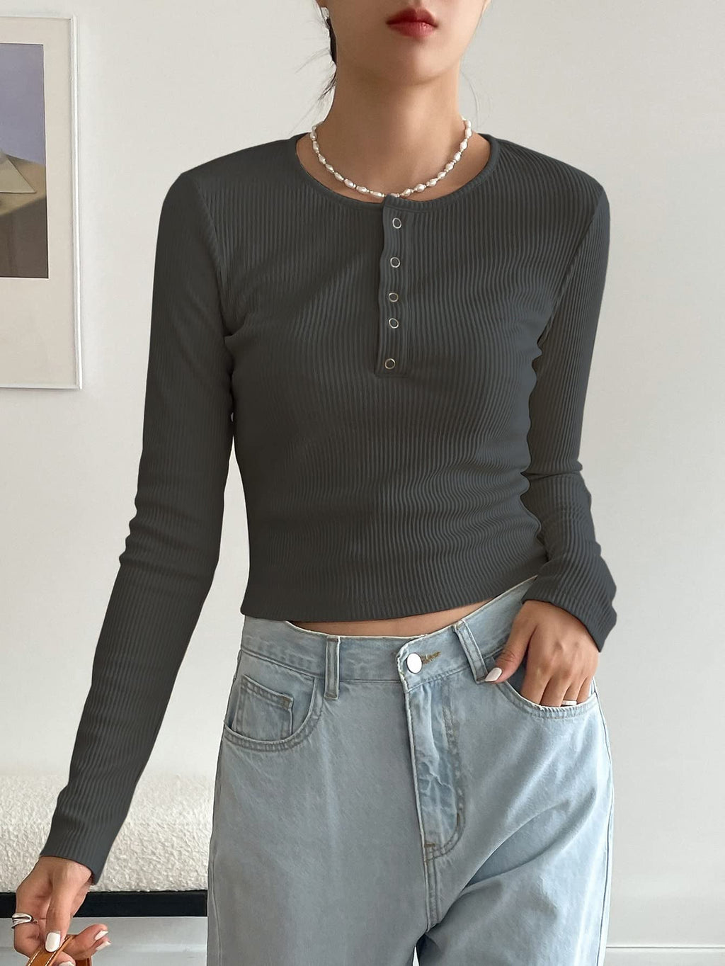 Ribbed Long Sleeve Henley Top - Button Neck Slim Fit Casual Tee