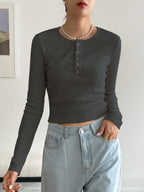 Ribbed Long Sleeve Henley Top - Button Neck Slim Fit Casual Tee