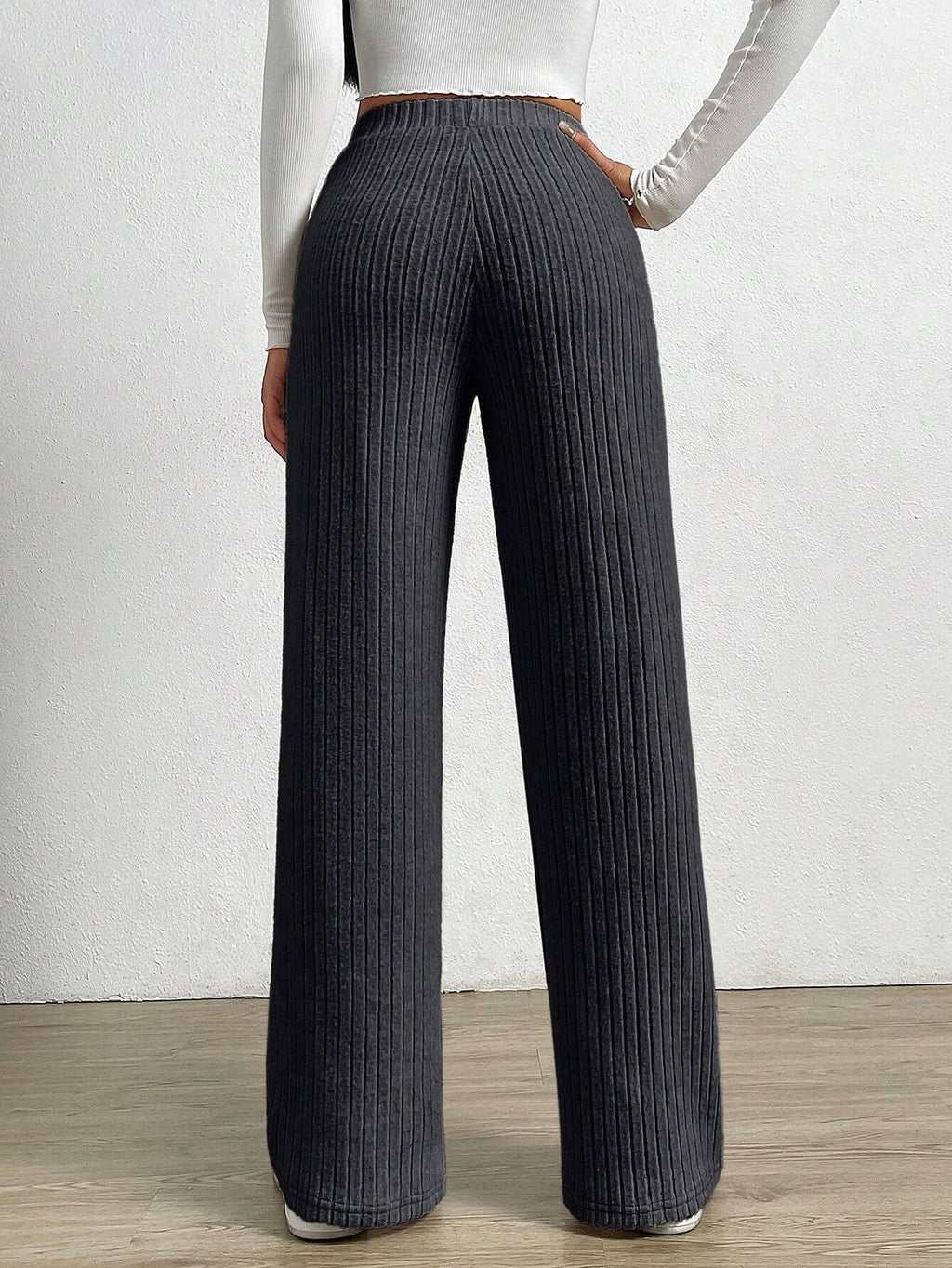 Solid Color High Waist Ribbed Straight Loose Casual Pants