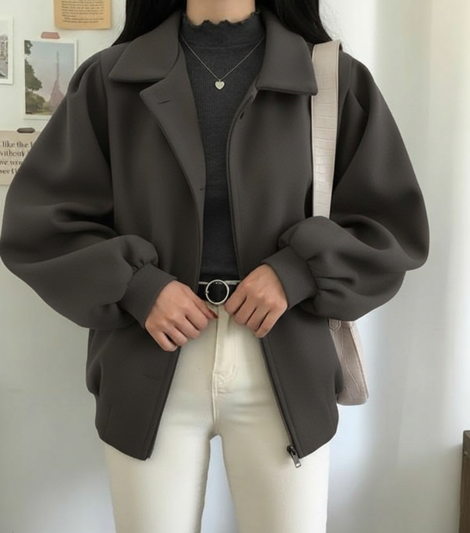 Casual Solid Color Puffed Bomber Zip-Up Long Sleeve Jacket