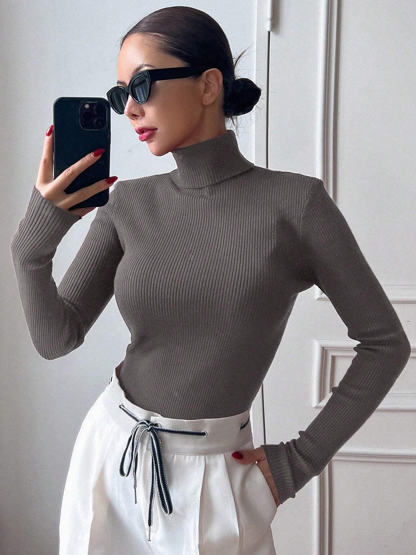 Basic Solid High Neck Long Sleeve Knit Sweater