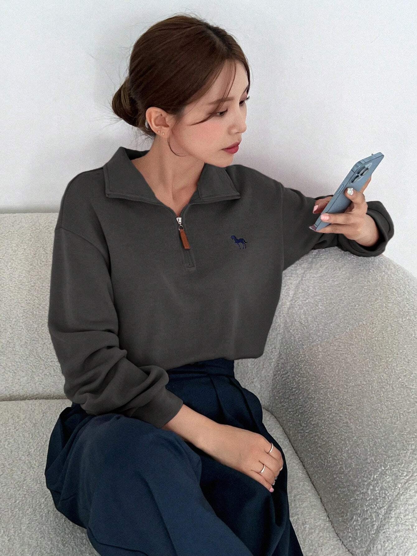 Half-Zipper Casual & Versatile Long Sleeve Sweatshirt, Long Sleeve Tops