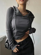 Solid Color Drawstring Hooded Long Sleeve T-Shirt