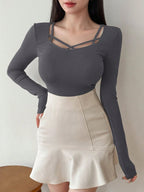 Hollow Out Design Ribbed T-Shirt