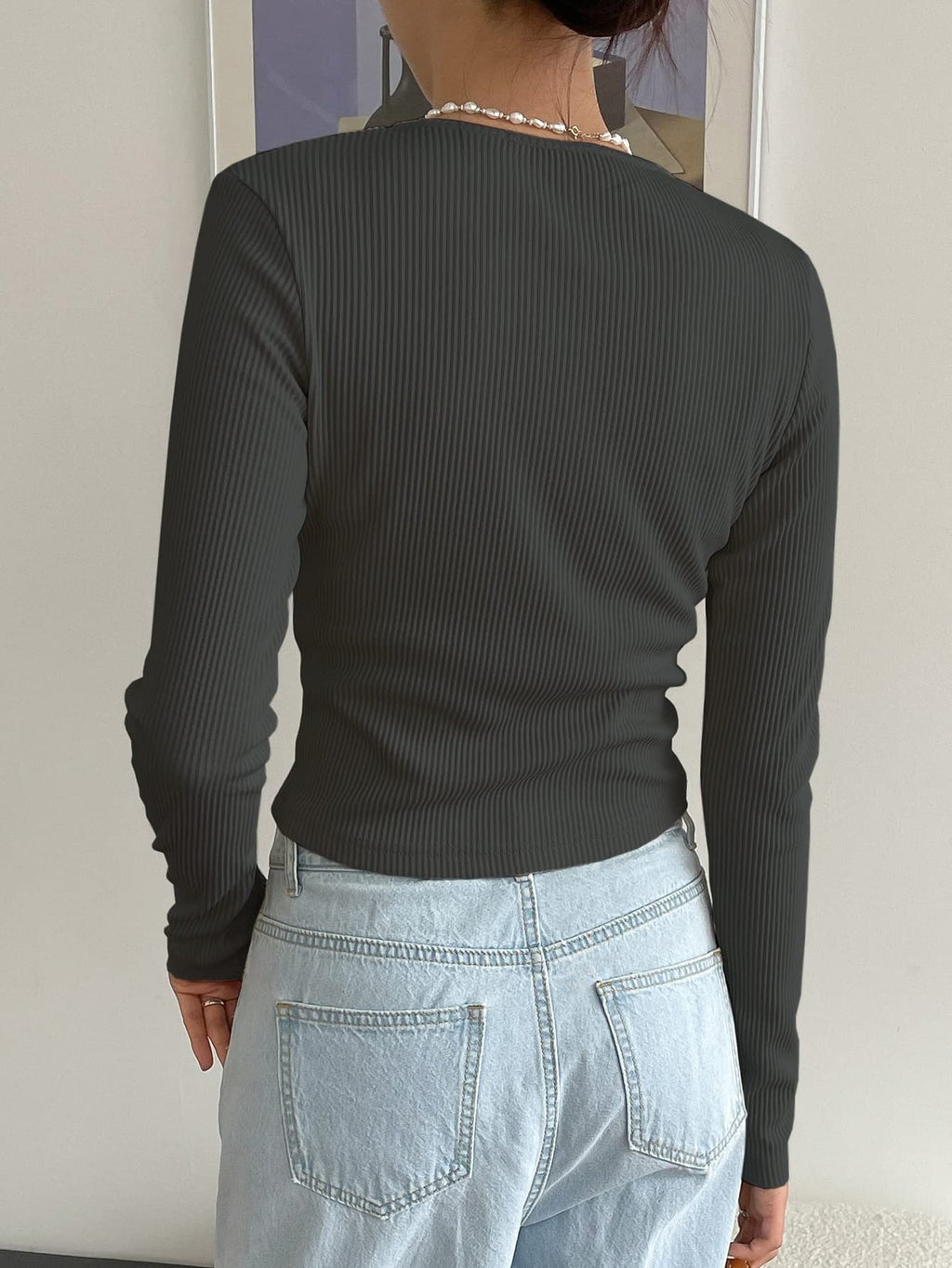 Ribbed Long Sleeve Henley Top - Button Neck Slim Fit Casual Tee