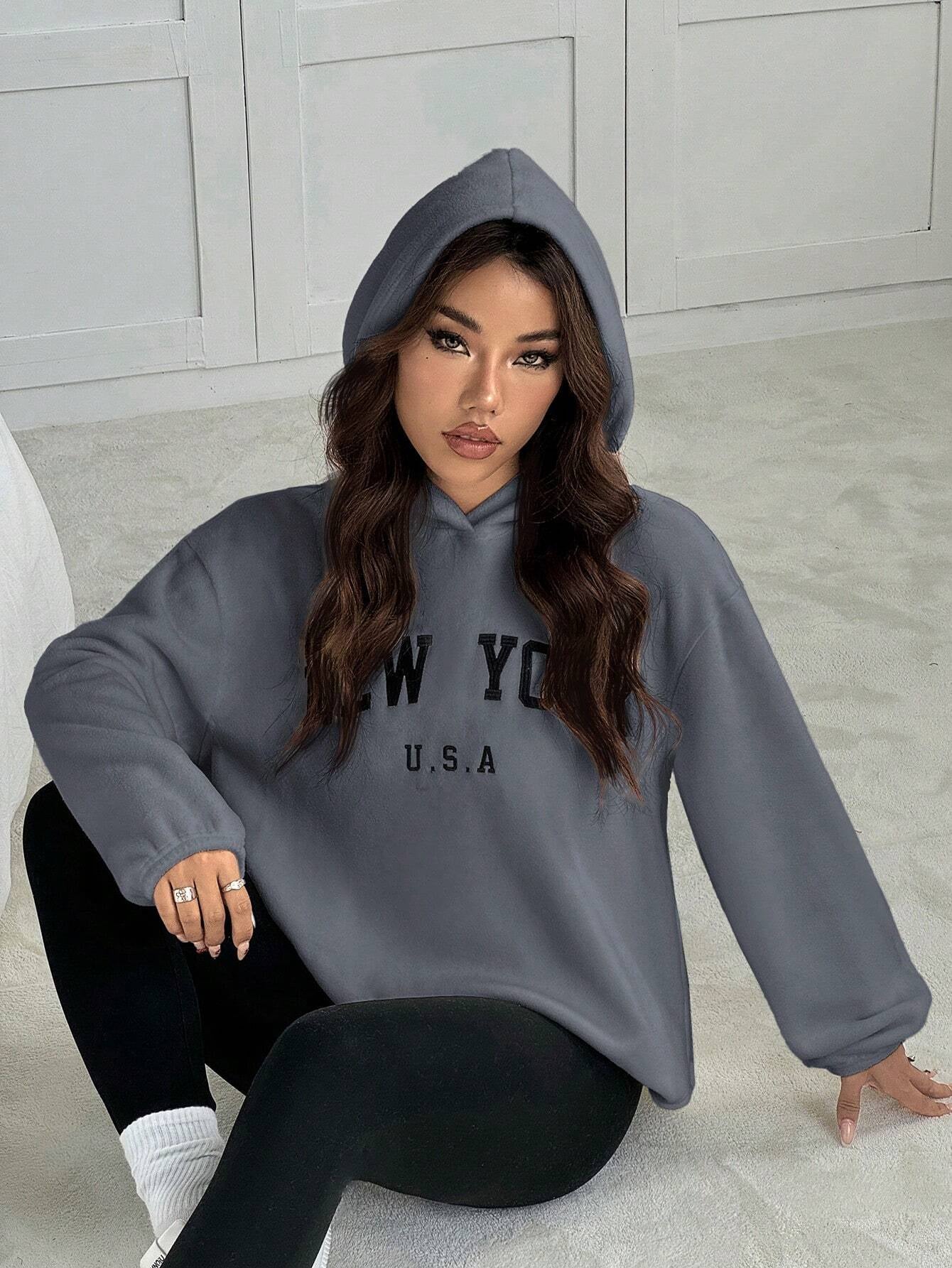 2pcs/Set Women Letter Embroidery Hoodie Sweatshirt And Leggings Outfit