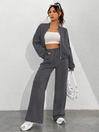 Street Style Camouflage Maple Leaf Print Zipper Sweatshirt & Pants Set