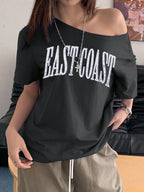 Off-Shoulder Short Sleeve Letter Printed Casual T-Shirt Graphic Tees Women Tops