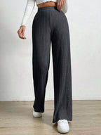 Solid Color High Waist Ribbed Straight Loose Casual Pants