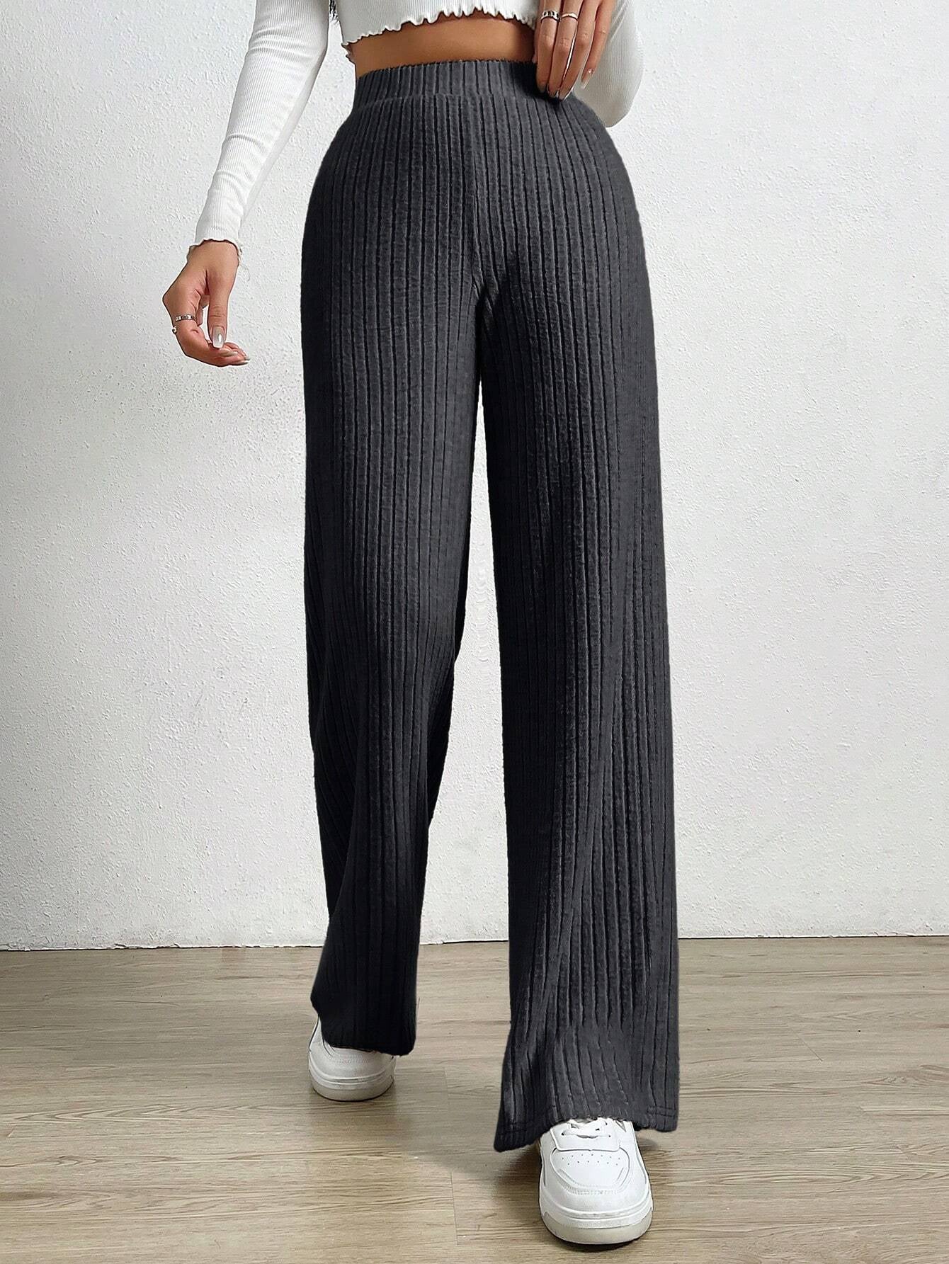 Solid Color High Waist Ribbed Straight Loose Casual Pants