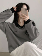 Contrast Color Block Striped Long Sleeve Casual Letter Print Sweatshirt, Collegiate Style, Long Sleeve Tops