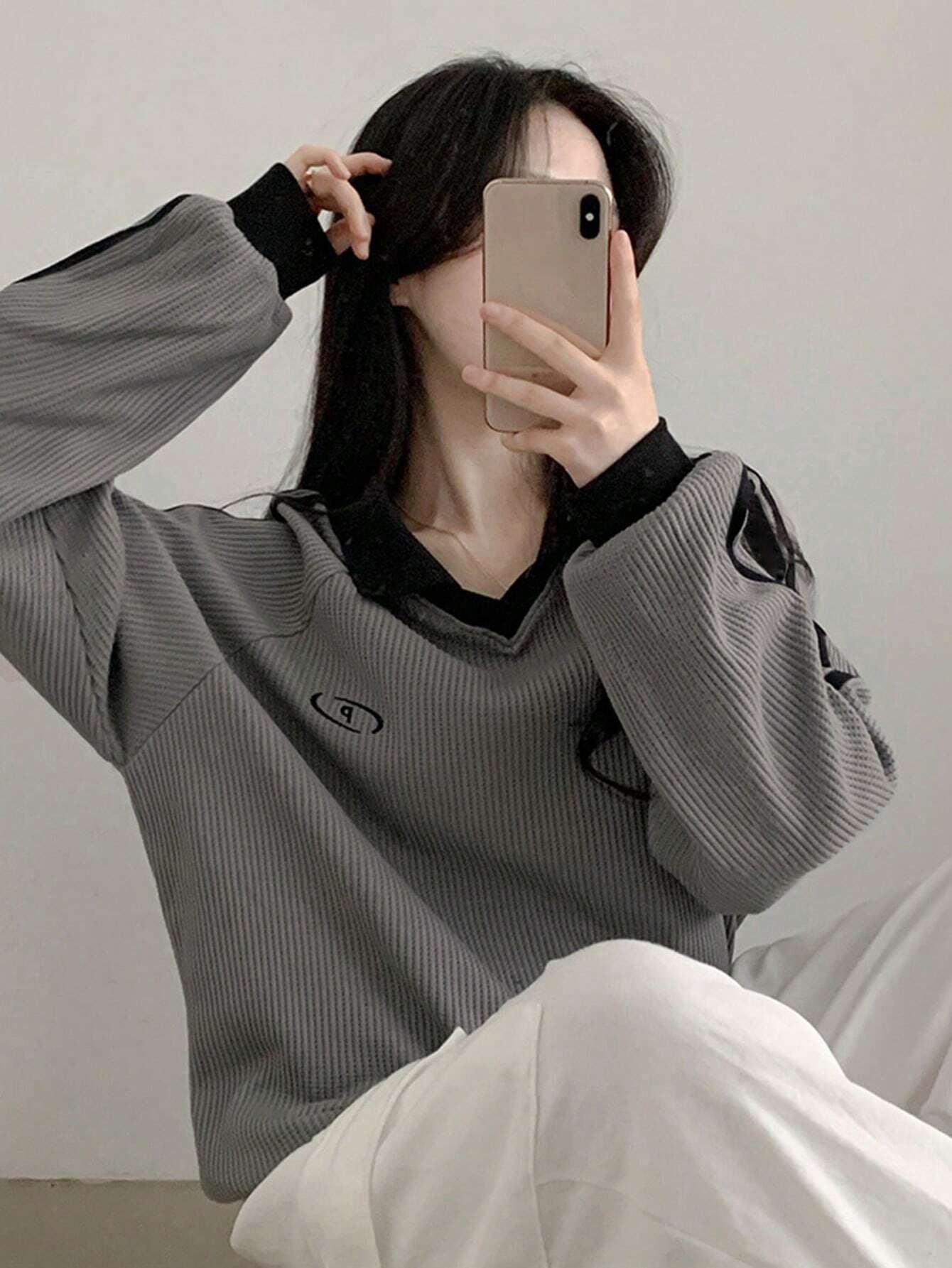 Contrast Color Block Striped Long Sleeve Casual Letter Print Sweatshirt, Collegiate Style, Long Sleeve Tops