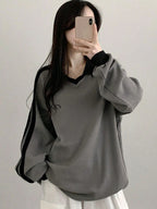Contrast Color Block Striped Long Sleeve Casual Letter Print Sweatshirt, Collegiate Style, Long Sleeve Tops