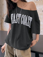 Off-Shoulder Short Sleeve Letter Printed Casual T-Shirt Graphic Tees Women Tops