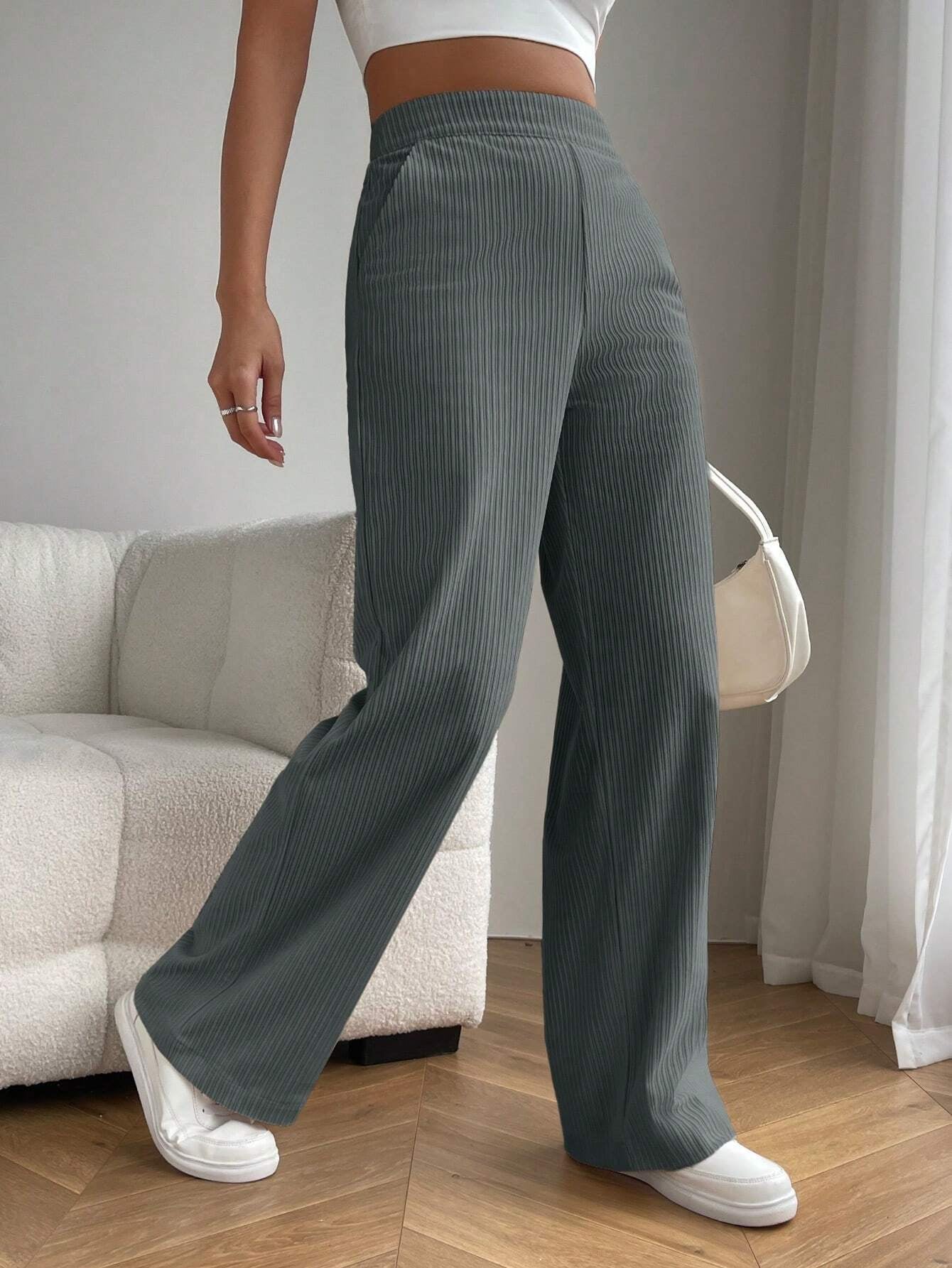 Solid Color High Waist Pockets Straight Loose Casual Pants