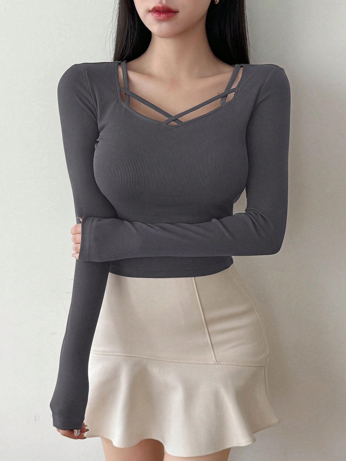 Hollow Out Design Ribbed T-Shirt