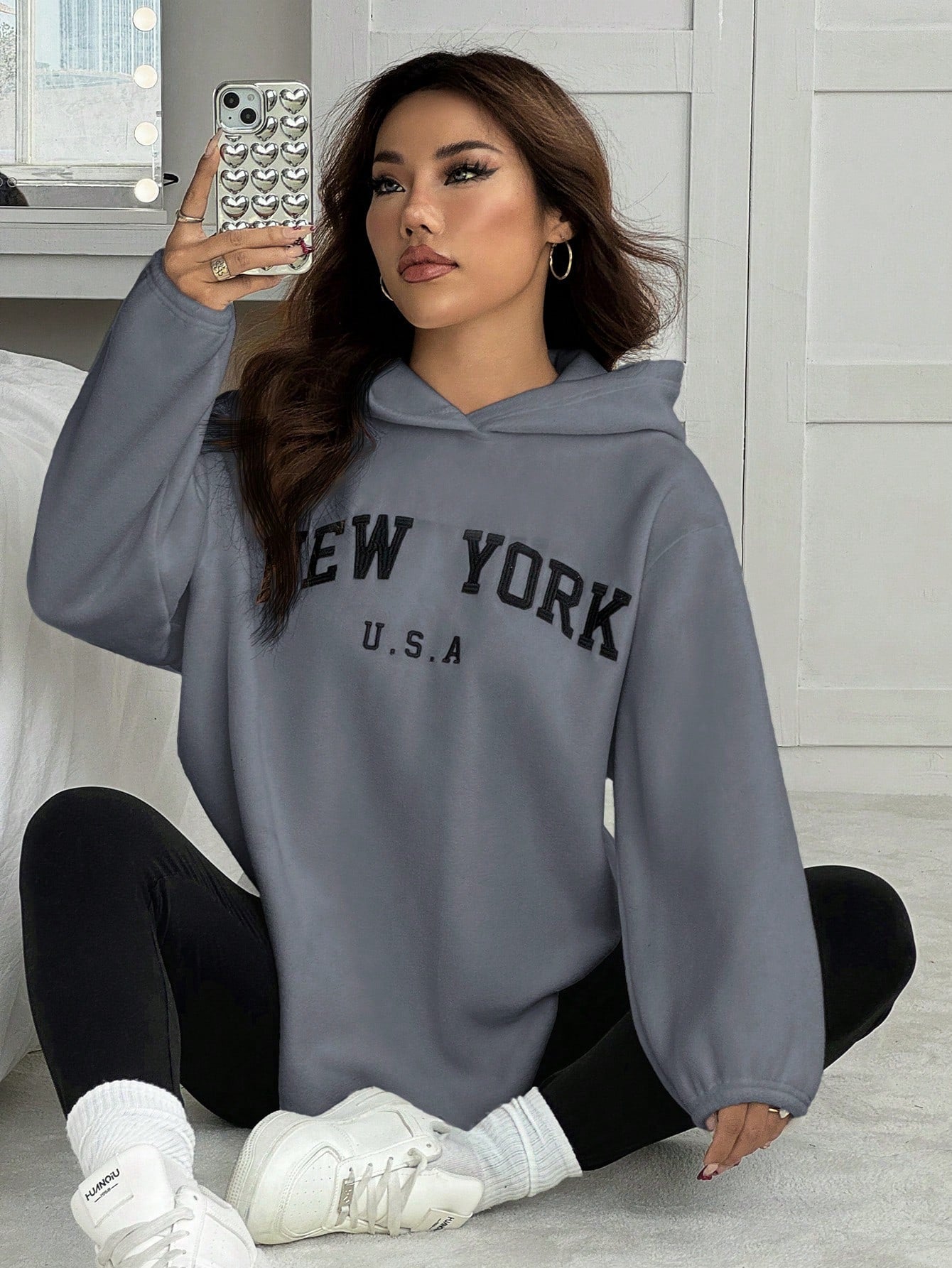 2pcs/Set Women Letter Embroidery Hoodie Sweatshirt And Leggings Outfit