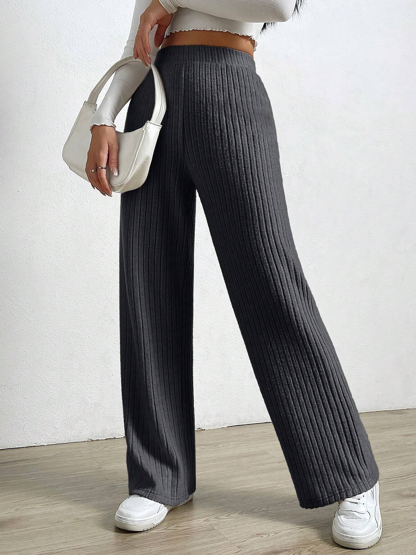 Solid Color High Waist Ribbed Straight Loose Casual Pants
