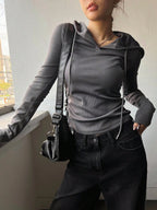 Solid Color Drawstring Hooded Long Sleeve T-Shirt