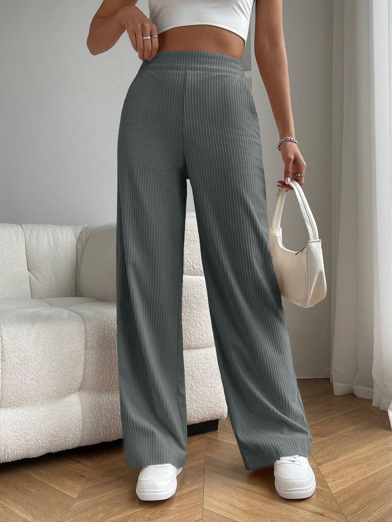 Solid Color High Waist Pockets Straight Loose Casual Pants