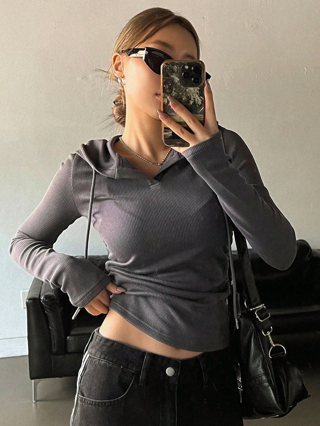 Solid Color Drawstring Hooded Long Sleeve T-Shirt