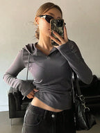 Solid Color Drawstring Hooded Long Sleeve T-Shirt