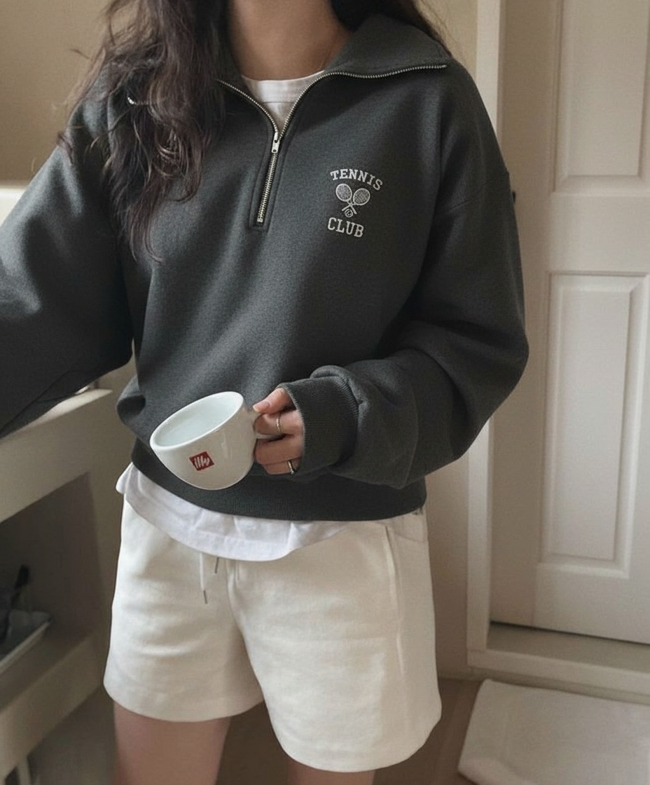 Half Zip Drop Shoulder "TENNIS CLUB" Letter Print Oversized Sweatshirt, Long Sleeve