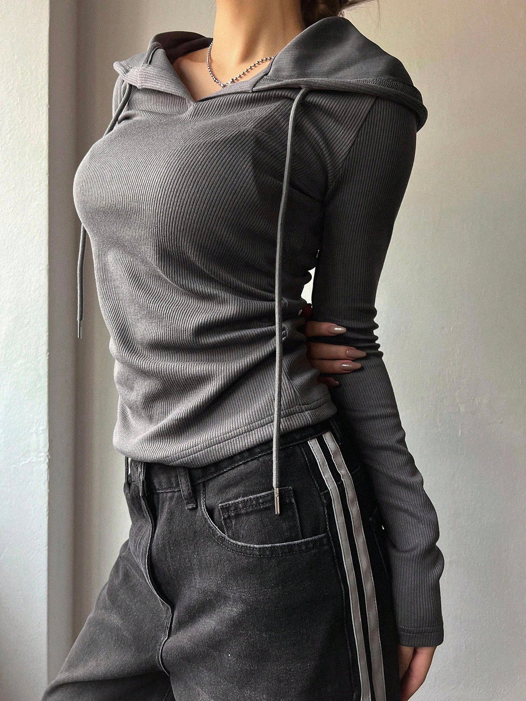 Solid Color Drawstring Hooded Long Sleeve T-Shirt