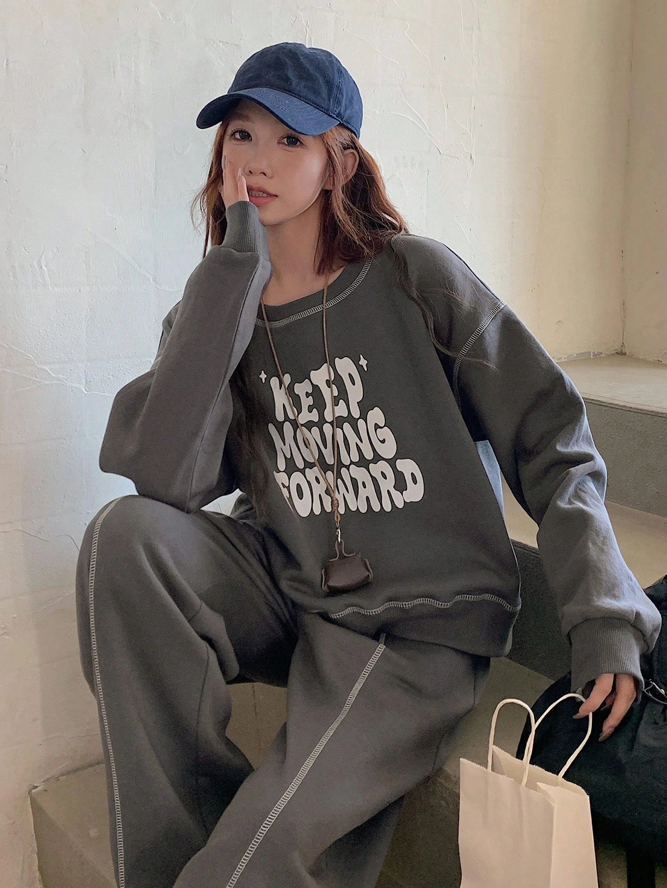 Casual Loose Long Sleeve Top And Drawstring Pants Set