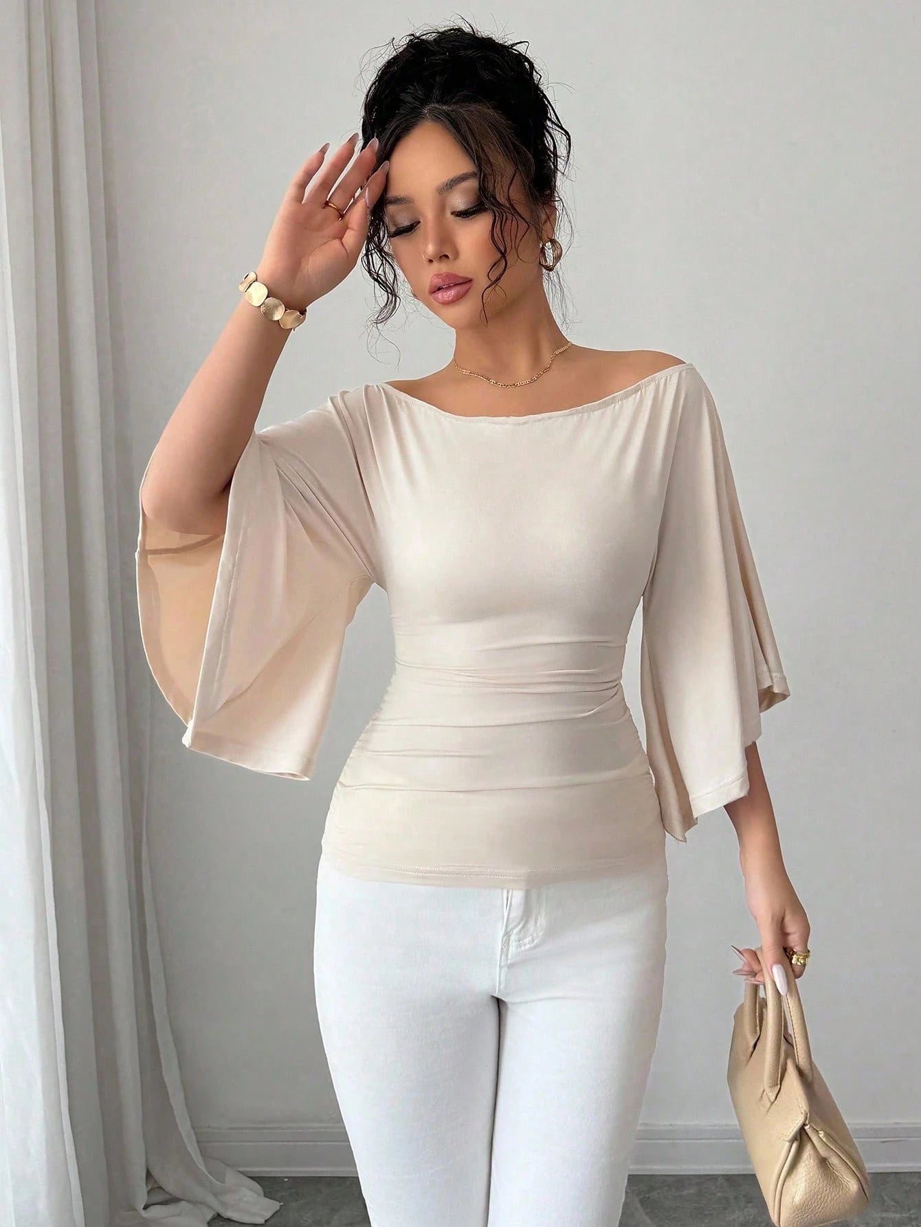 Solid Color Boat Neck Flare Sleeve Knit Fashion T-Shirt