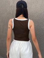 Letter Print Contrast Trim Tight Crop Tank Top With U-Neck For Women