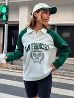 Letter Graphic Contrast Collar Raglan Sleeve Polo Neck Sweatshirt