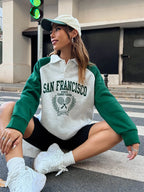 Letter Graphic Contrast Collar Raglan Sleeve Polo Neck Sweatshirt