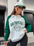 Letter Graphic Contrast Collar Raglan Sleeve Polo Neck Sweatshirt