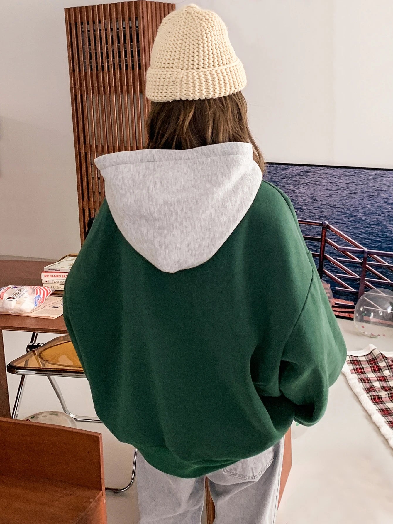 Letter Graphic Big Pocket Drawstring Thermal Hoodie