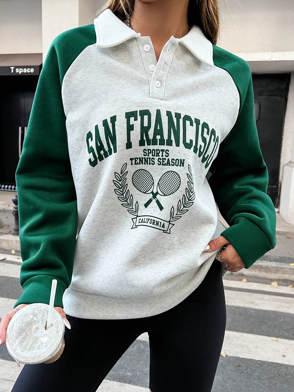 Letter Graphic Contrast Collar Raglan Sleeve Polo Neck Sweatshirt