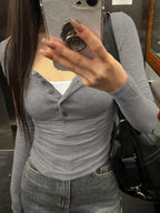 Solid Color Slim Fit Half-Placket Buttoned Long Sleeve T-Shirt