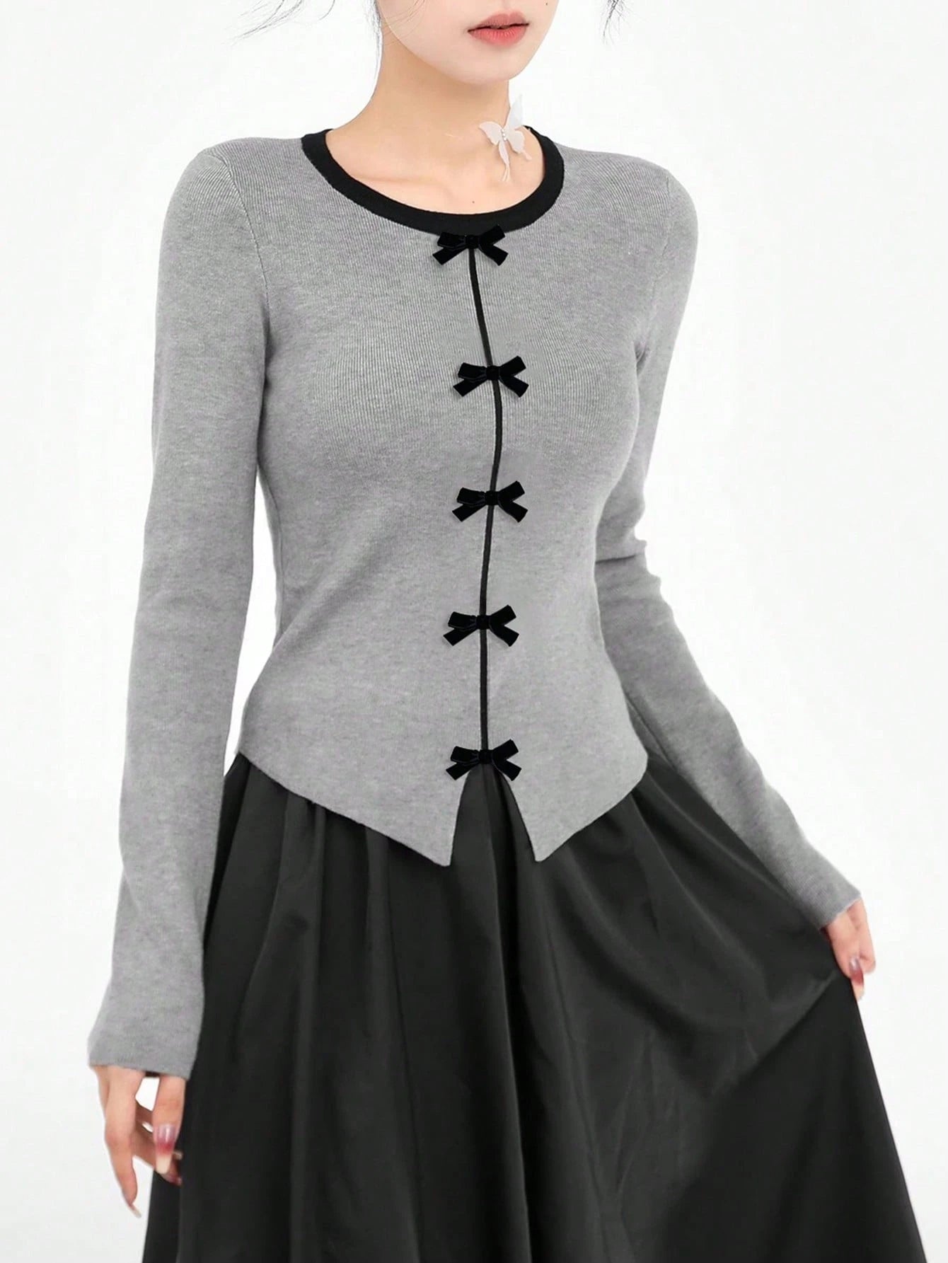 Bow Decor Contrast Color Classy Flattering Slim Fit Sweater For Women