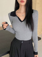 Casual Style Color Block Collar Slim Fit Tops, Long Sleeve Tops