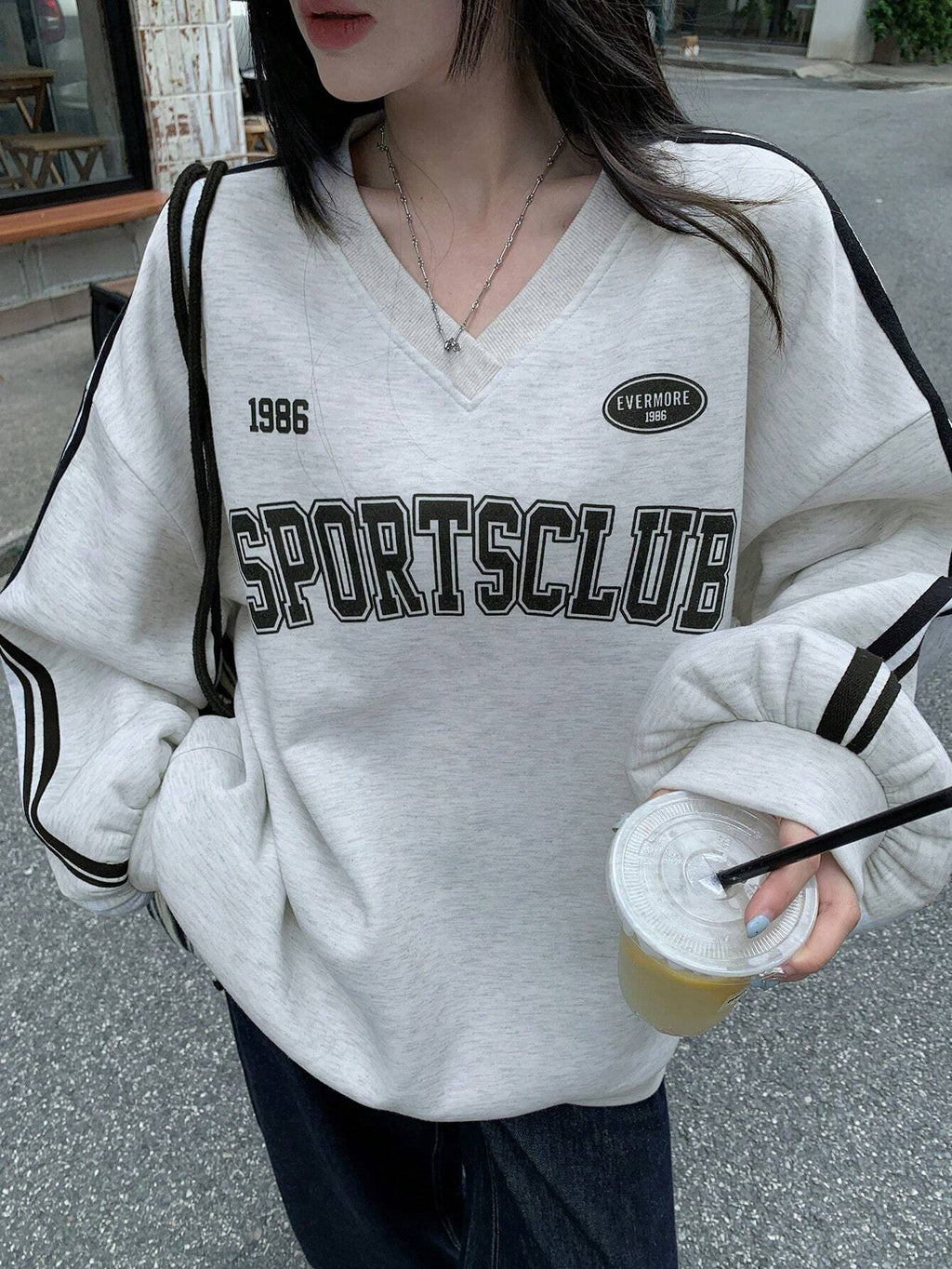 Thermal Lined V-Neck Letter Print Slouchy Sweatshirt