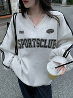 Thermal Lined V-Neck Letter Print Slouchy Sweatshirt