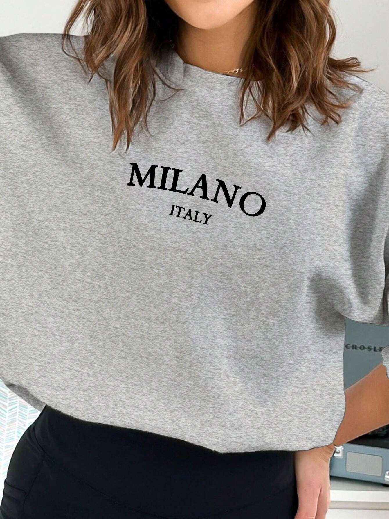 Casual Minimalist Milano Print Pattern White Round Neck Loose Fit Long Sleeve Sweatshirt
